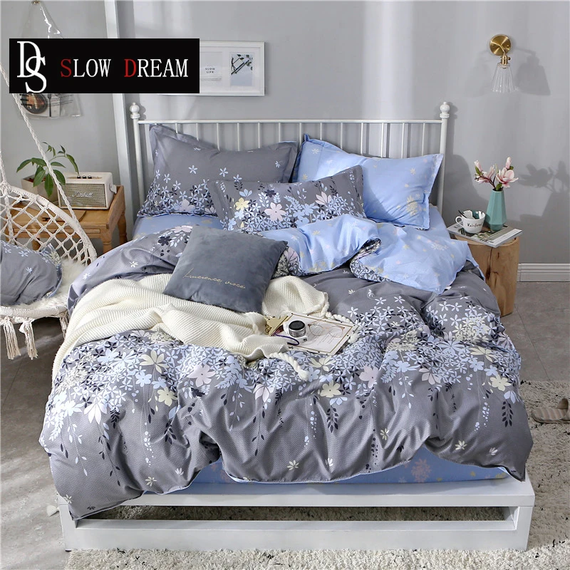 

SLOWDREAM Bedding Set Fitted Sheet On Elastic Band Rubber Sheet Pillowcases Bed Rubber Linens Double Bedspread Duvet Cover Set