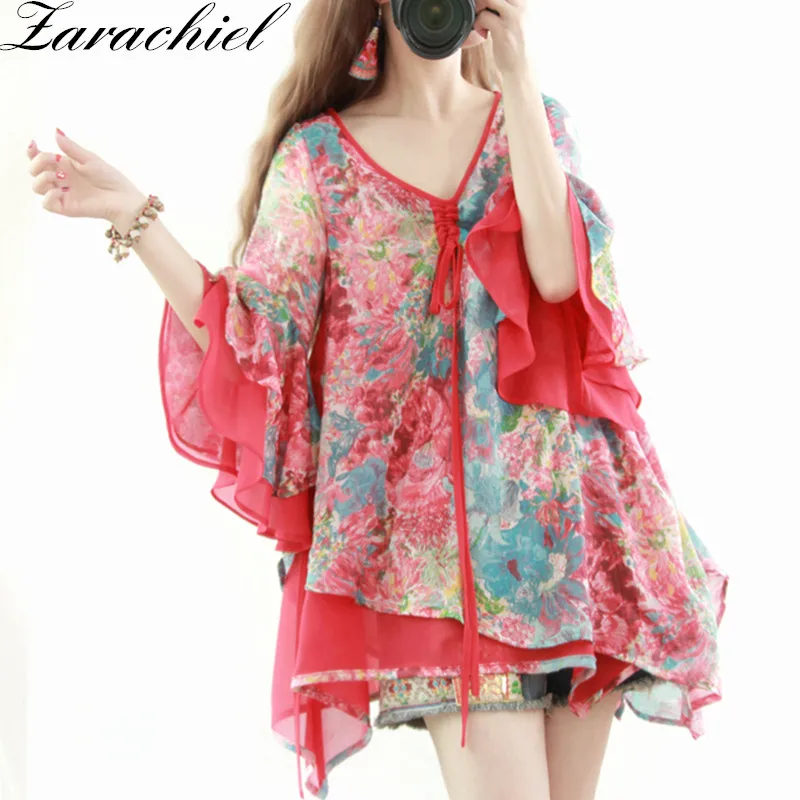 

Zarachiel Ethnic Women Summer Shirt Half Flare Sleeve Flower Print Sexy V-Neck Bow Irregular Blouse Top Plus Size Mujer Boho