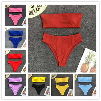 

Bikinis 2020 Push Up Swimsuit Bikini Strepless Red Pink Yellow Bikiny Swimsuit High Waisted Bathing Suit Bottoms Bandeau Biquini