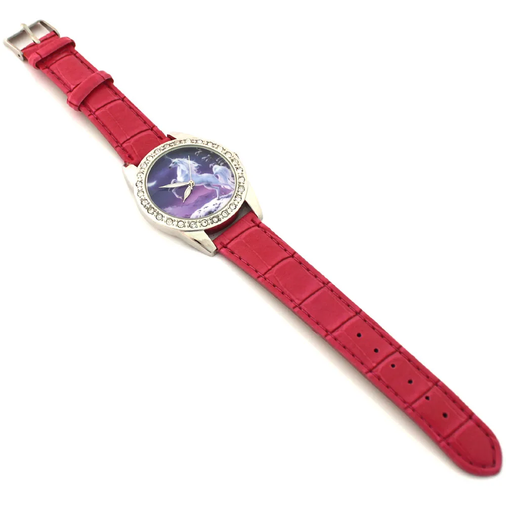 Часы Lucky White Horse для девочек, женские часы с мультяшными животными, аналоговые кварцевые часы с кристаллами и бриллиантами, кожаные студенческие наручные часы, подарки L36B
