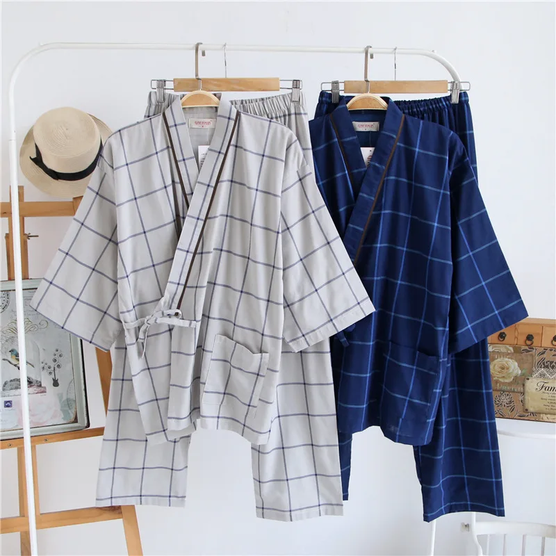 Traditional Men Japanese Pajamas Sets 100% Cotton Simple Kimono Yukata Nightgown Sleepwear Bathrobe Leisure Wear Lover Homewear Traditional Men Japanese Pajamas Sets 100% Cotton Simple Kimono Yukata Nightgown Sleepwear Bathrobe Leisure Wear Lover Homewear
