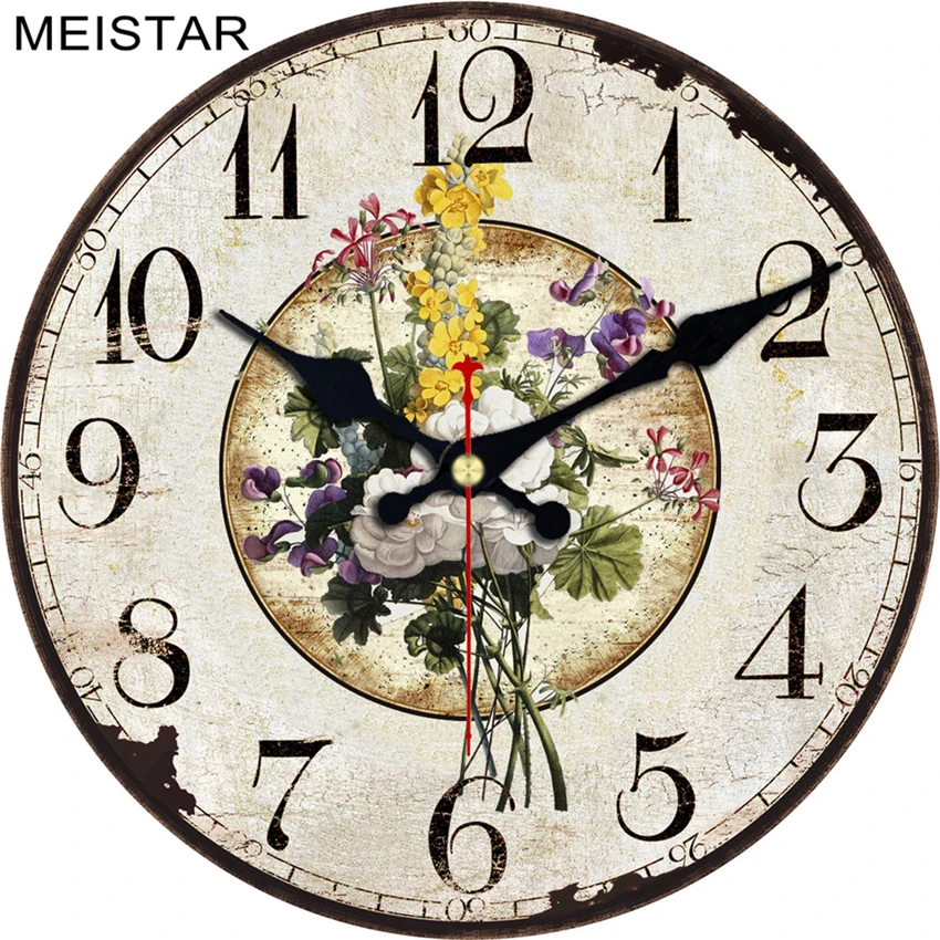 

MEISTAR Retro Round Design Relogio De Parede Large Silent For Living Room Flower Wall Decor Saat Home Decor Watches Wall Clocks