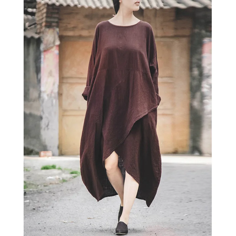 

SCUWLINEN 2019 Spring Autumn Dress Brand Vintage Style Loose Long-sleeve Irregular Linen Dress Casual Long Robe Vestidos B103101