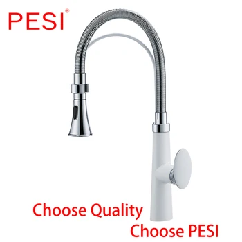 

Pull Out Kitchen Sink Faucet Swivel Mixer Tap with Pull Down Sprayer Process 360 Degree Rotation Deck Mounted,White and Chrome.