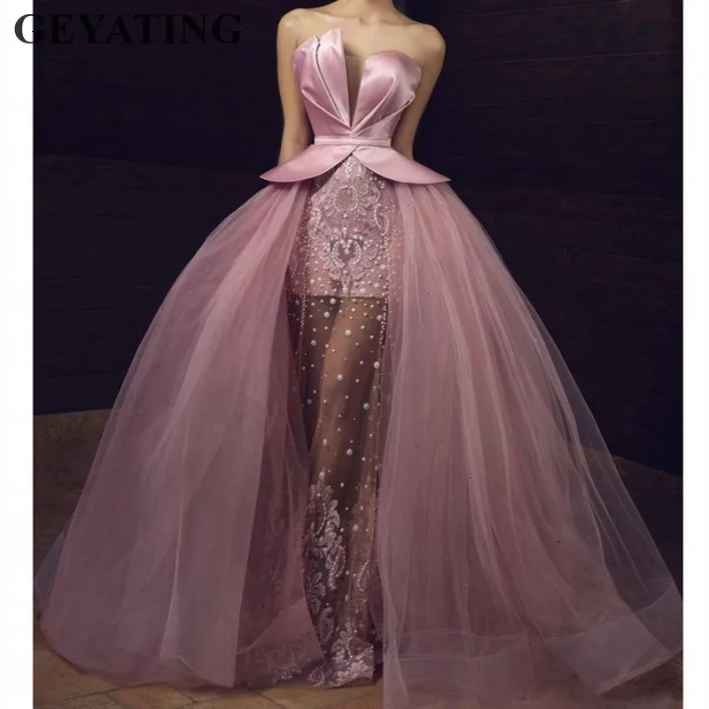Saudi Arabische Lange Roze Tulle Prom Dresses 2020 Elegant Off Shoulder Illusion Kralen Kant Applique Overrok Dubai Avondjurk Saudi Arabische Lange Roze Tulle Prom Dresses 2020 Elegant Off Shoulder Illusion Kralen Kant Applique Overrok Dubai Avondjurk