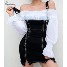 Rockmore czarny łańcuszek Zipper Split prosto Strappy Mini sukienka kobiety pasek na klamrę Punk Style swobodne sukienki moda 2019 lato