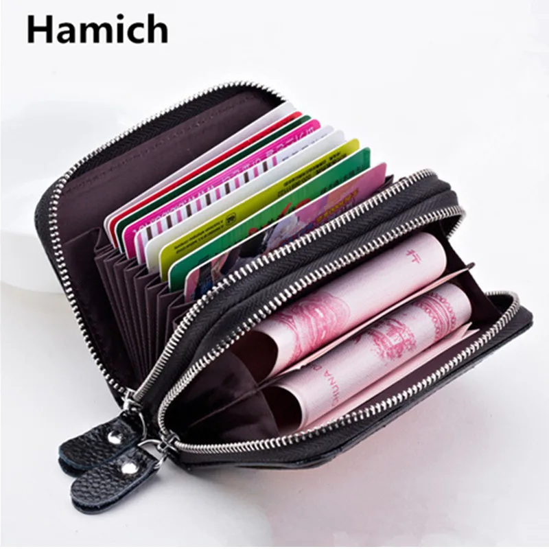 

Fashion Brand Genuine Leather Women Card Holder Double Zipper Large Capacity Unisex ID Credit Card Bag Wallet