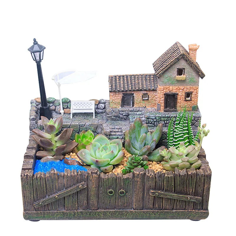 

Resin Flower Pot Succulents Plants Small Bonsai Micro Landscape Vase Garden Decoration with LED String
