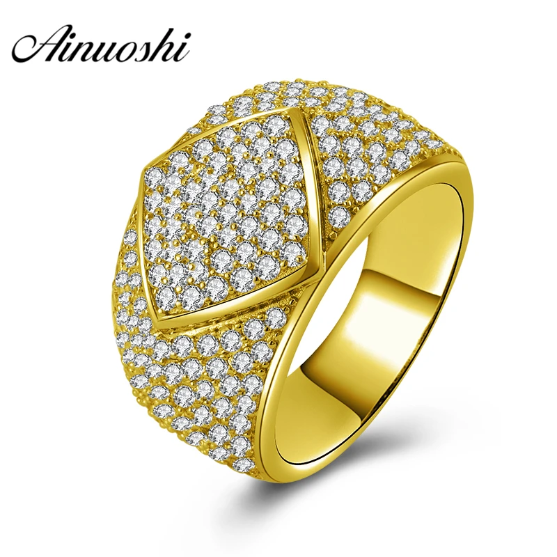 

AINUOSHI Luxurious Wedding Band 10K Solid Yellow Gold Ring Rhombic Cluster Ring Wedding Engagement Gold Jewelry 8.6g Male Ring