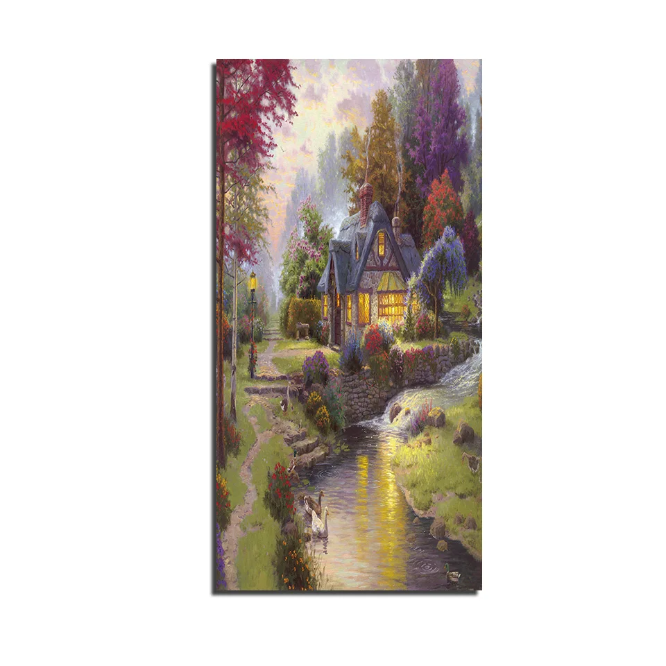 

Thomas Kinkade Forest cottage Canvas Print Picture Wall Art 1 Piece Painting Modular Home Decor Poster Creative Christmas gift