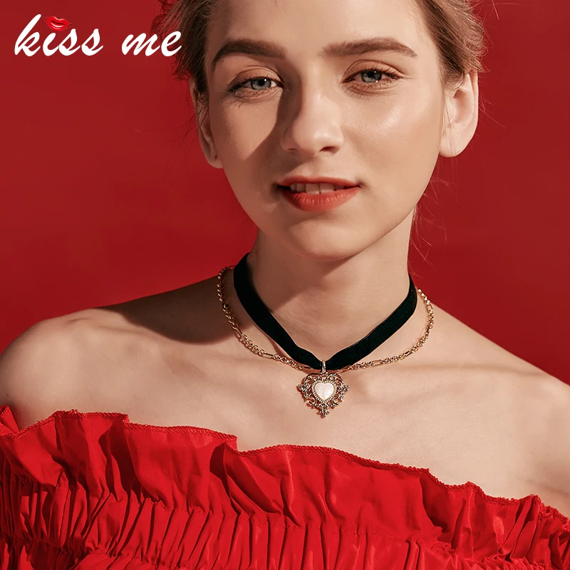 

KISS ME Women Shell Heart Collar Necklace Trendy Two Layers Black Velvet Choker Necklace Fashion Jewelry