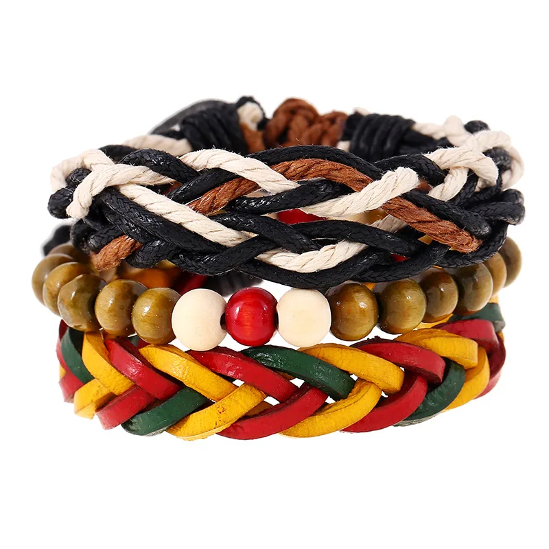 3pcs/lot Jamaica Bracelet Men Leather Rope Chain Bracelet Jamaican Gift