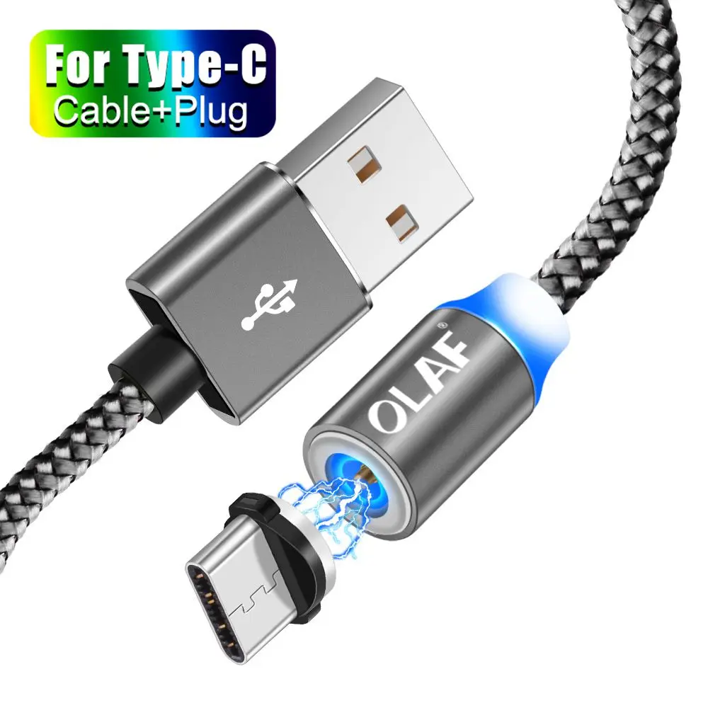 OLAF 2 м светодиодный магнитный USB кабель для iPhone Xs Max 8 7 6 usb type C кабель и оплетка Micro USB кабель для samsung Xiaomi huawei USB C - Цвет: Type Cable Gray