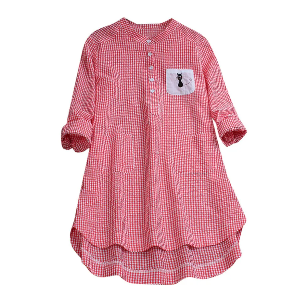 2019 women's plaid embroidered cat long sleeve tops and blouses Summer sexy beach top pretty blouses et chemisiers femme 40J12 (3)