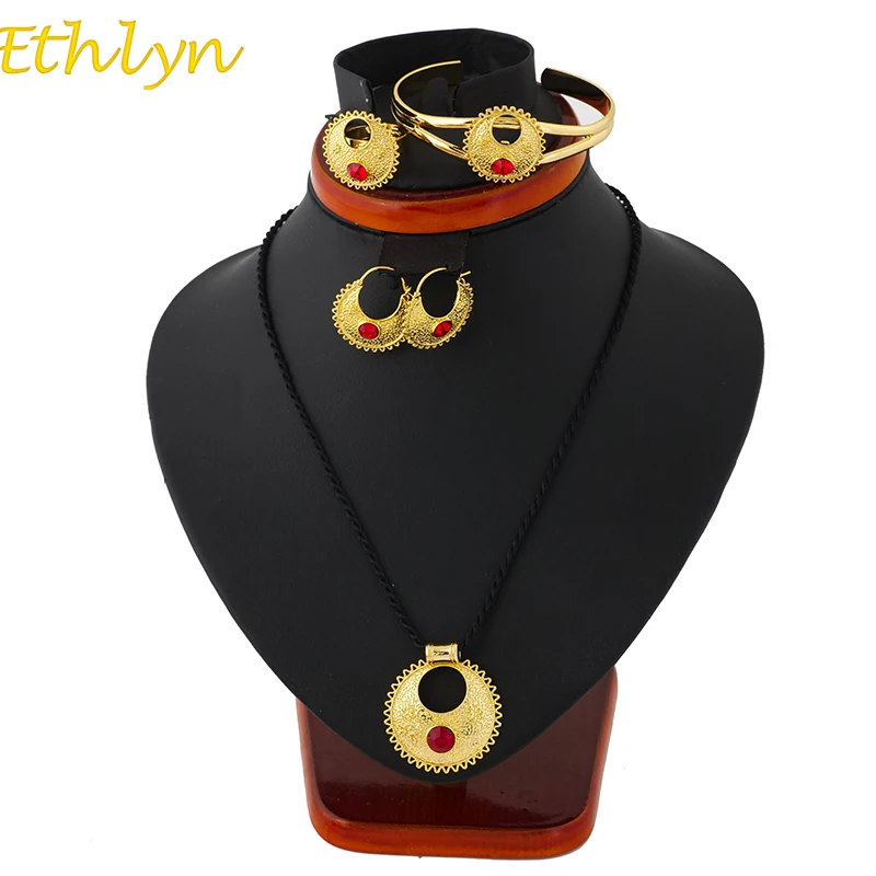 

Ethlyn New Ethiopian sets Necklace Bangle Earrings & Free Size Ring Jewelry sets Gold Color Eritrean Best Holiday Gifts S113