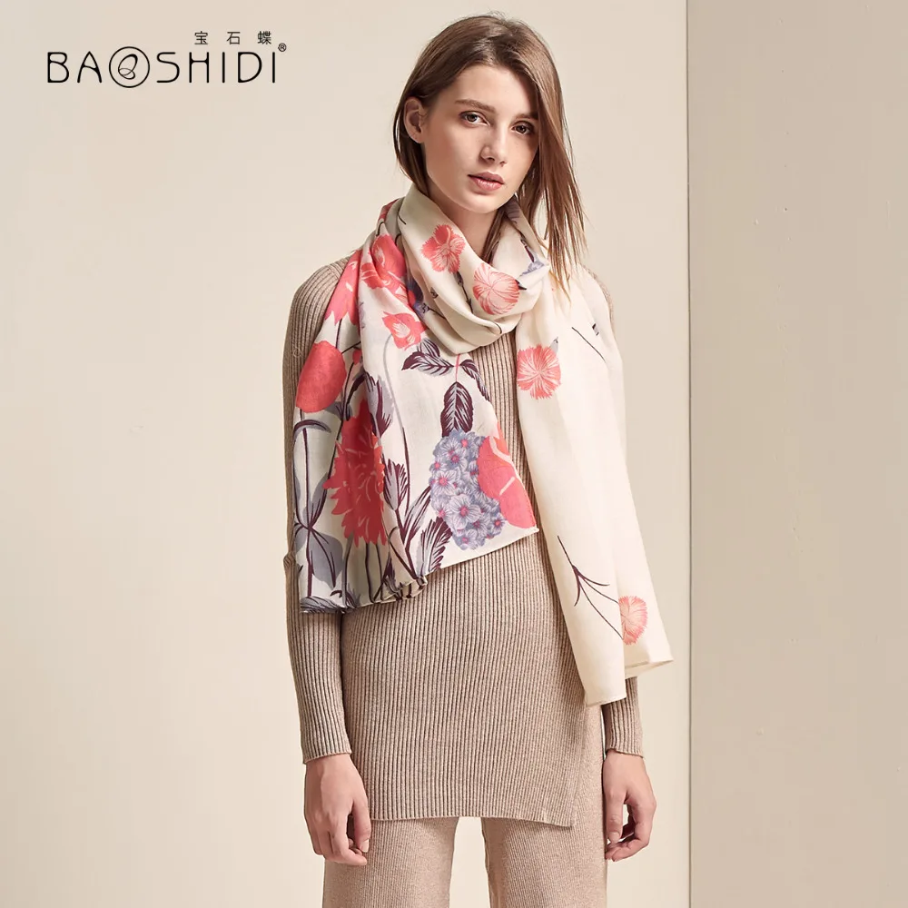 

[BAOSHIDI]2018 Floral design scarf, 100% wool long scarf women, Elegant warm shawl lady, Female winter soft bandana de lana
