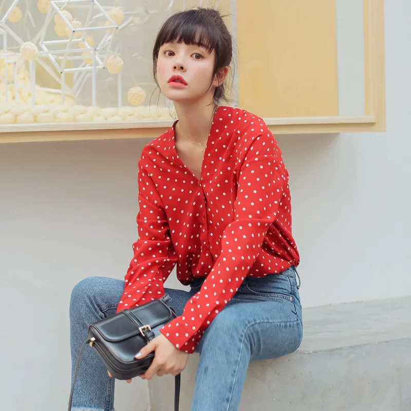 

Women's Blouses Lady Kawaii Vintage Vintage Polka Dot V-neck Chiffon Blouse Female Punk Harajuku Tunic For Women Casual Top