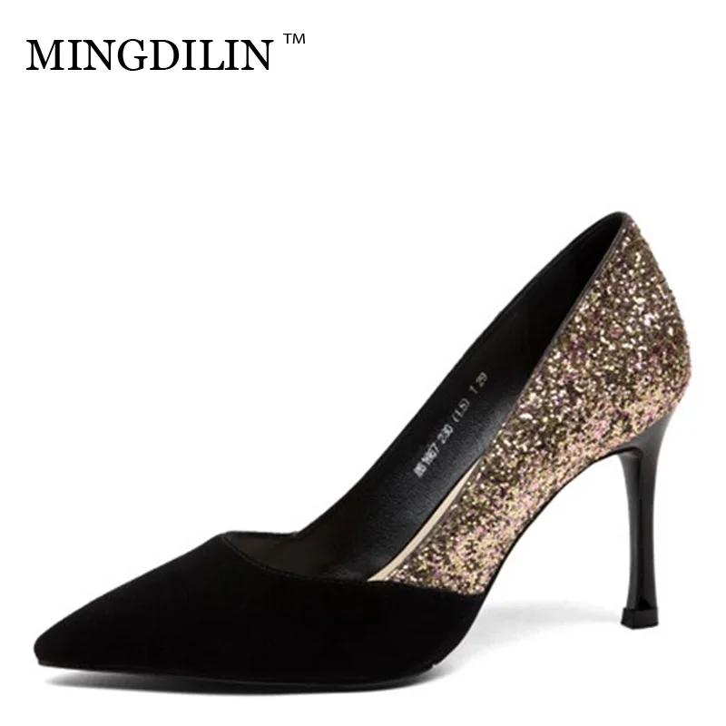 

MINGDILIN Splicing Natural Leather Sequins Shallow Mouth Fashion Women High Heels Sexy Party High Quality Latest Single Shoes