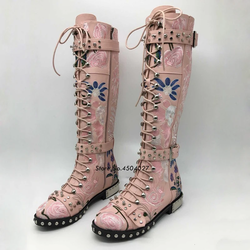 Rosa Flor Redonda Punta Metal Remache Negro Lace color Mujer Up Blanco Rodilla color Botas Color Martin 1 2 3 Alta Largas 4xdv1dAq