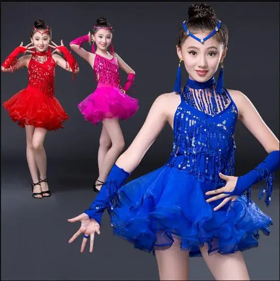 New Sale Junior Child Kids Girls Latin Dance Costumes Sequin Fringe ...