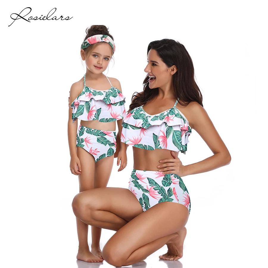 Online 2019 ROSIELARS Familie Passenden Badeanzug Frauen und Mädchen Rüschen Floral Zwei Stück Bademode Bikini Hohe Taille Bademode