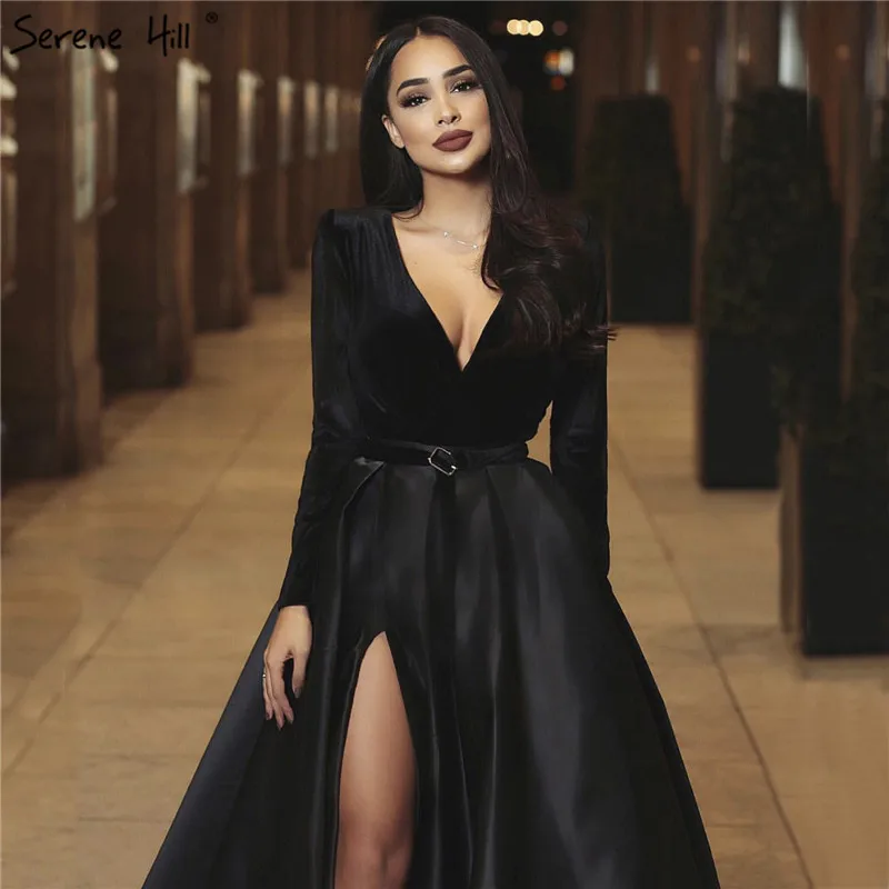 

Black Velvet Deep V-Neck Sexy Evening Dresses Long Sleeves Simple Burgundy Evening Gowns 2019 Serene Hill LA60706