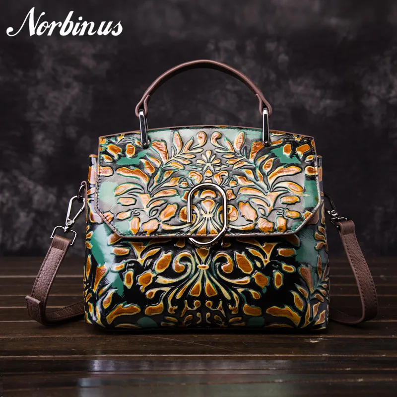 

Norbinus Women Vintage Cowhide Tote Handbag Embossed Crossbody Messenger Shoulder Bags Luxury Genuine Leather Top Handle Bags