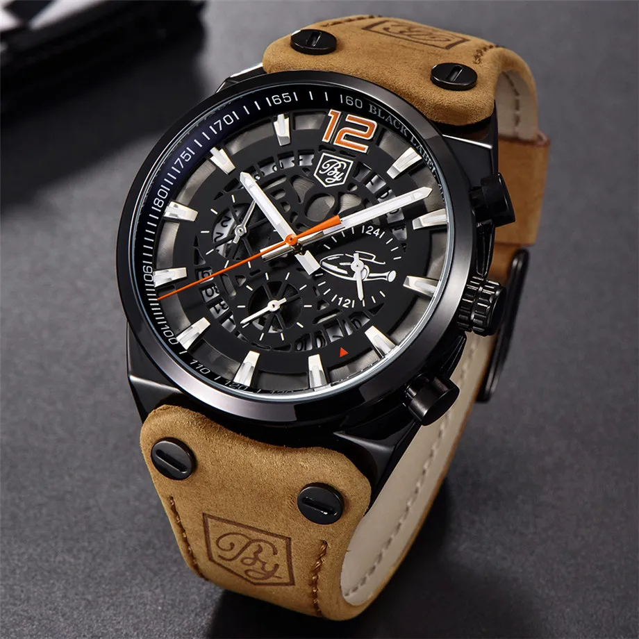 BENYAR Mens Quartz Watch Military 3ATM Waterproof Chronograph Sport Tactical Man Watches Genuine Leather Band Male Clocks (60)