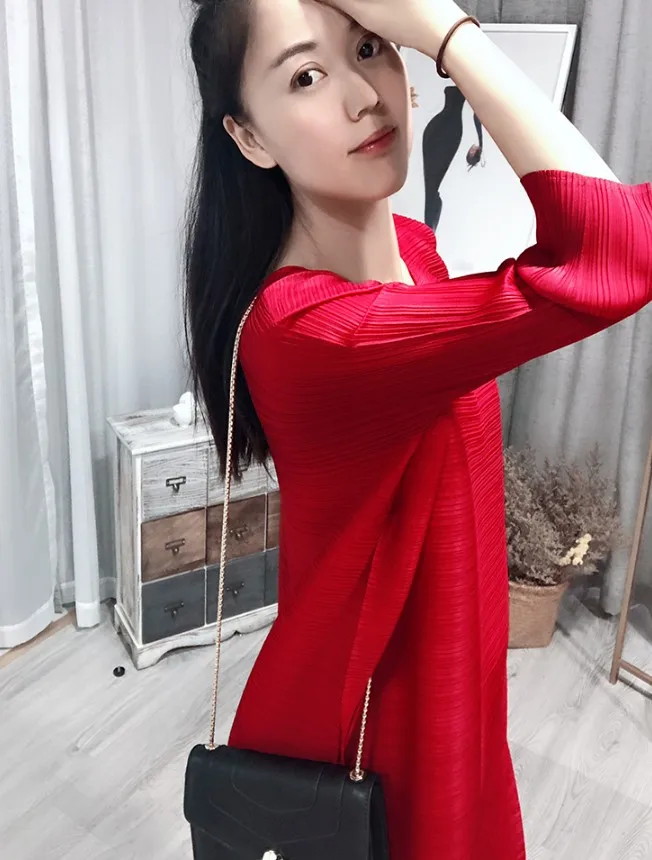 Miyake платье модное платье трапециевидной формы с О-образным вырезом три четверти - Цвет: Красный