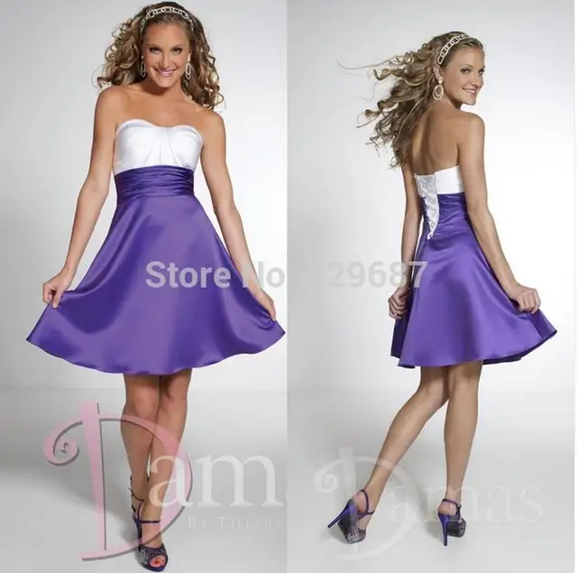 New Sweetheart Elegant A Line Maid Of Honor Satin Short Party Gown New Sweetheart Elegant A Line Maid Of Honor Satin Short Party Gown Purple And White