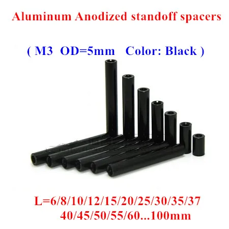 

10pcs M3 Aluminum Rods M3*6/8/10/12/15/20/25/30/...50mm Aluminum Alloy round standoff spacer Spacing screws RC Parts D=5mm Black