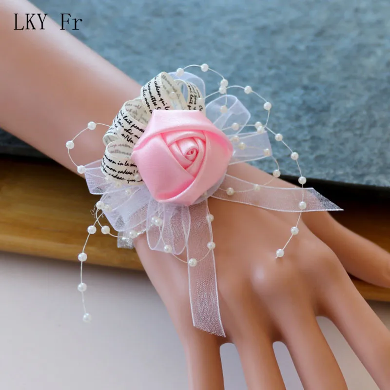 

Artificial Flowers Wrist Corsages Wedding Bridesmaid Flowers Bracelet Silk Roses White Pink Wedding Accessories Marriage Flowers
