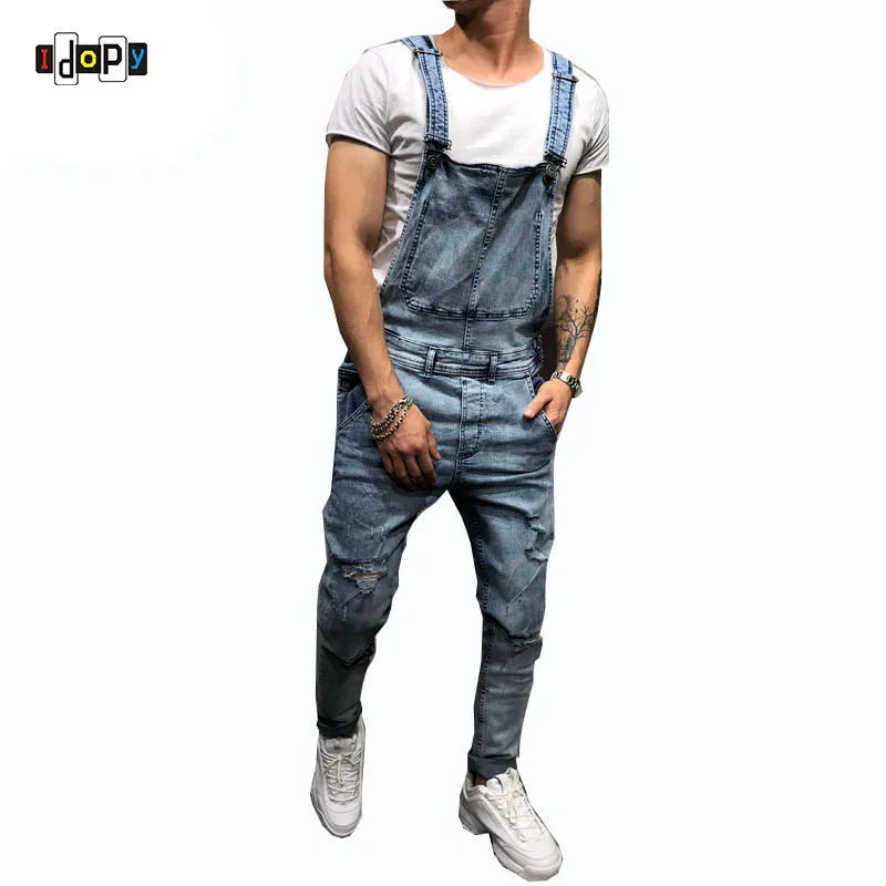 Idopyファッションメンズジーンズジーンズよだれかけオーバーオールハイストリートスタイルストリート加工ジャンプスーツ男性サスペンダーパンツ ジーンズ Aliexpress