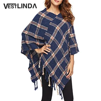 

VESTLINDA Plaid Fringed Asymmetrical Cape Sweater Women Poncho Pullover 2018 Fall Fashion Female Tops Clothing Casual Pull Femme