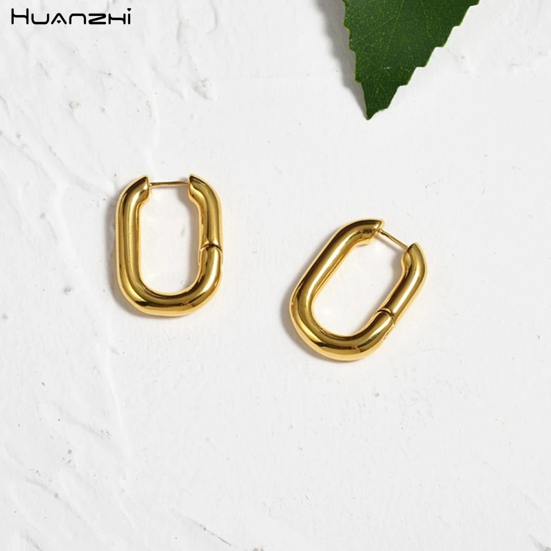 

HUANZHI 2019 Elegant New Irregular Oval U Shape Copper Plated Metal Retro Opening Hoop Earrings for Women Girls Party Jewelry
