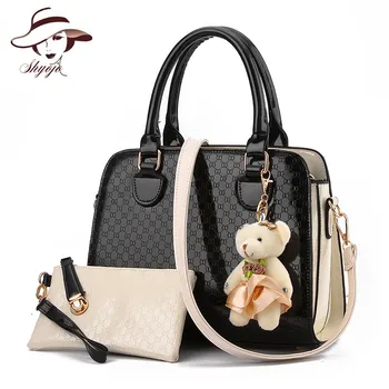 

Casual Patet Leather 2 Bags/set Composite Bags Bear Pendant Dot Women Handbag Solid Color Messenger Crossbody Bags Ladies Clutch