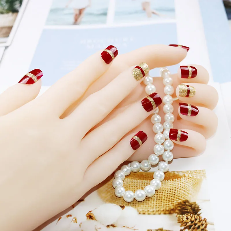 24 шт. короткий размер полное покрытие ногтей советы с клеем невесты свадебные винно-красные блестящие украшения накладные ногти Мода поддельные ногти