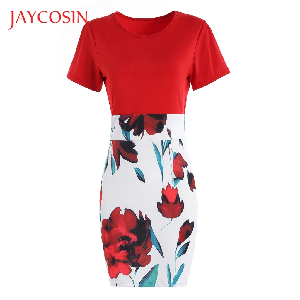 

JAYCOSIN Women Sexy Fashion O-Neck Short Sleeve Splicing Flower Printing Buttock Dress Knee-Length Patchwork Pattern