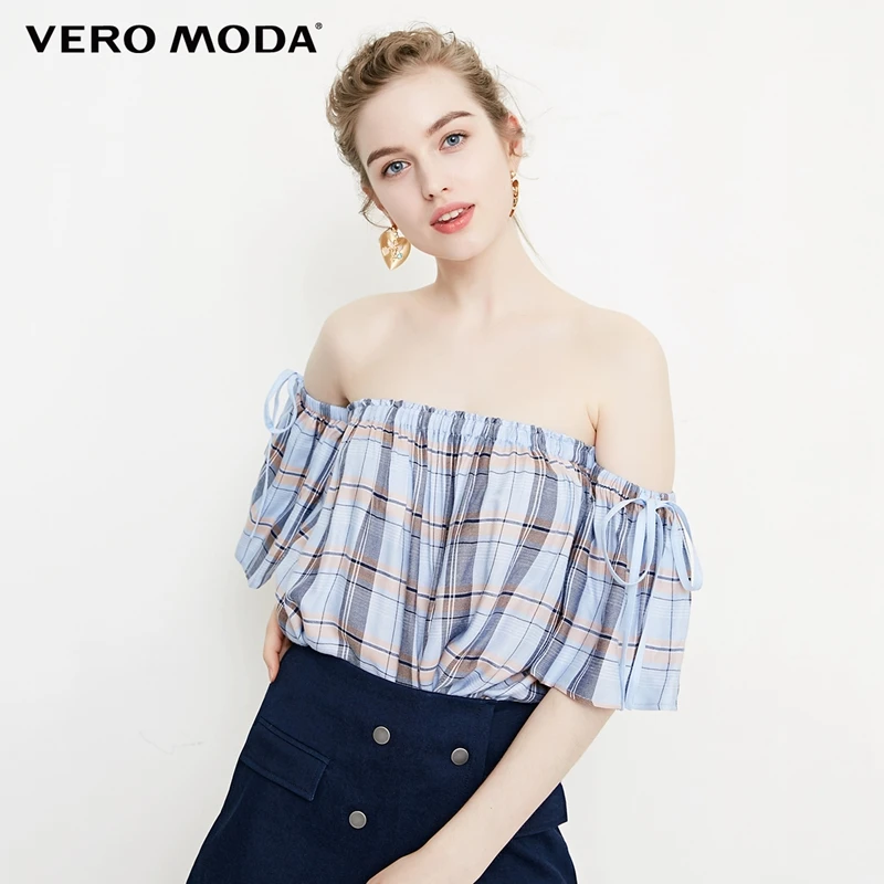 

Vero Moda Women's Paid Elastic Boat Neck off-shoulder Half Sleeves Top | 31826X523