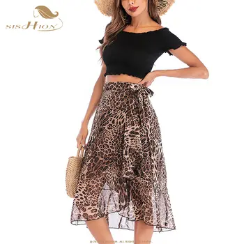 

SISHION Summer 2019 New Chiffon Print Leopard Skirt Women QY0102 High Waist Lace-Up Casual A Line Midi skirt Plus Size femme