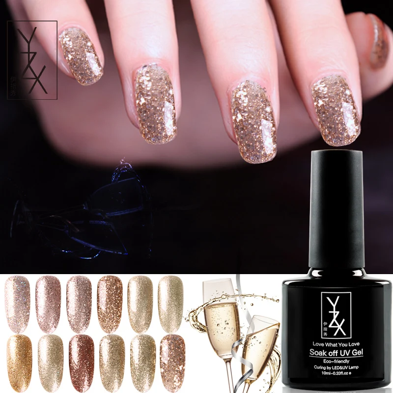 

YiZhiXiu 1pcs 10ml Glitter Champagne Golden Varnish Soak Off UV Gel Nail Polish Lacquer Platinum Enamel Salon Manicure Paint Gel