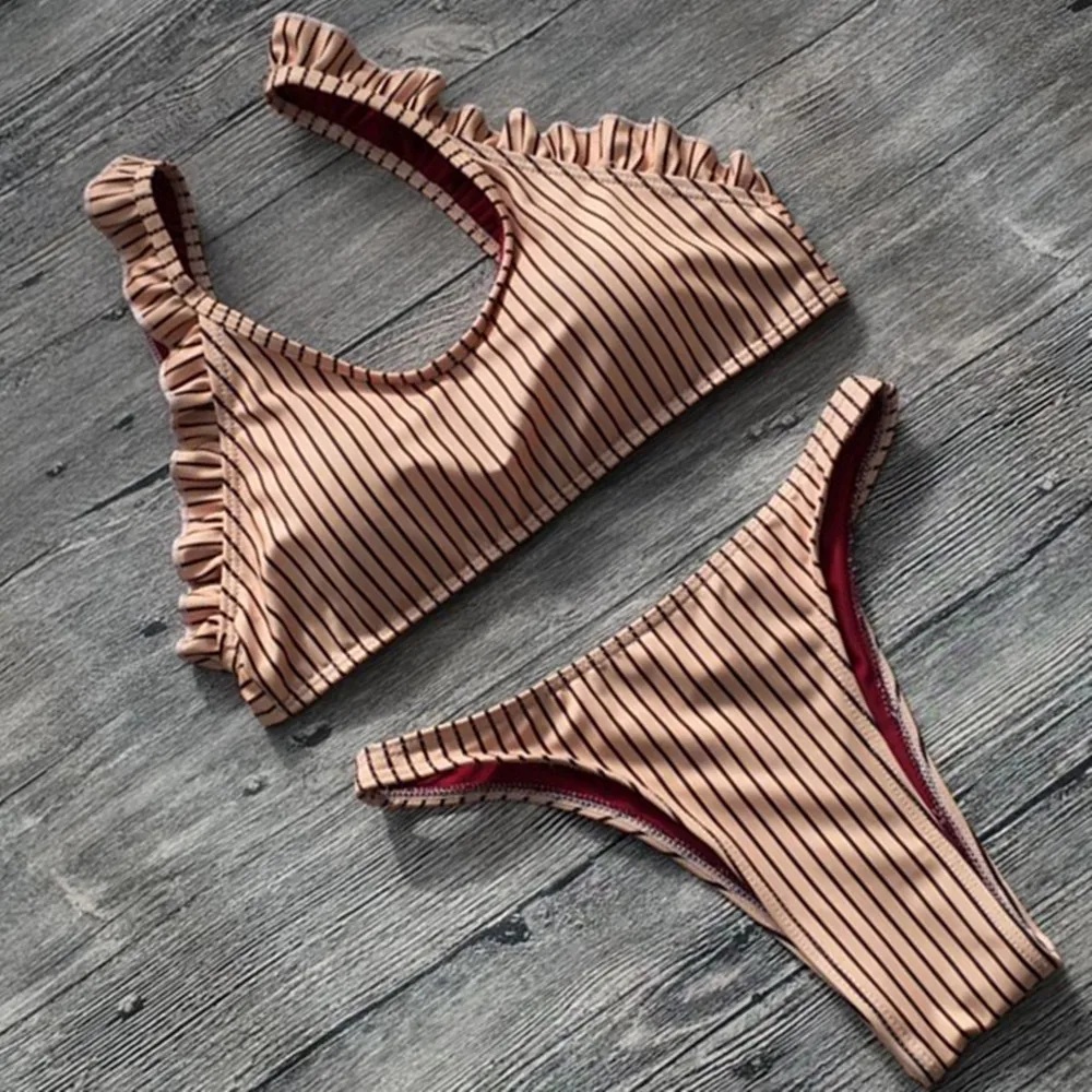 

Push Up Sexy Bikini Set Striped Swimsuit Women Swimwear Lace Bandage Bathing Suit Thong Beach Wide Strap Bra 2018 Summer Styles