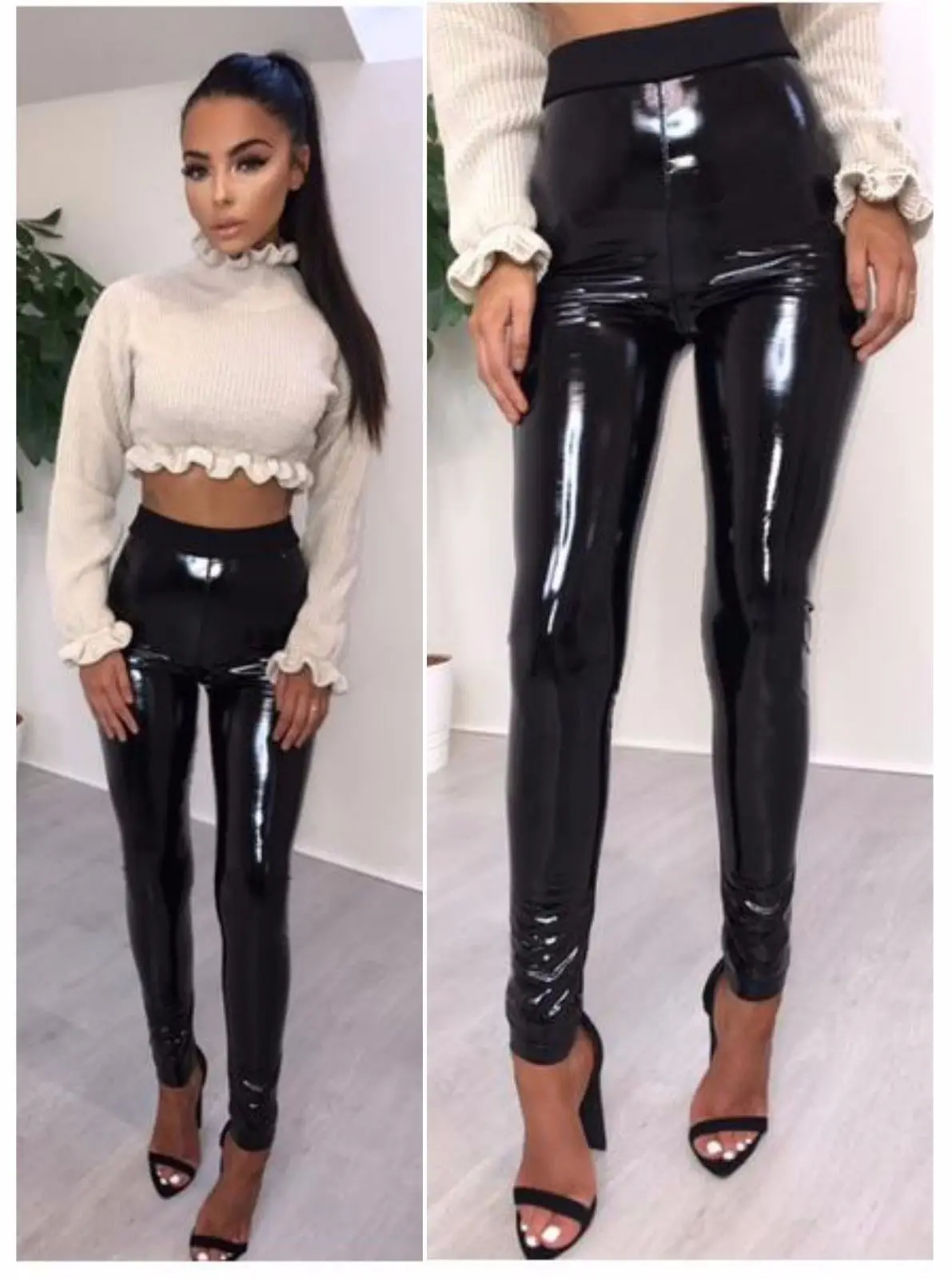 New Ladies Womens Shiny Leather Look Black Leggings Size 8 Wet Look  Trouser
