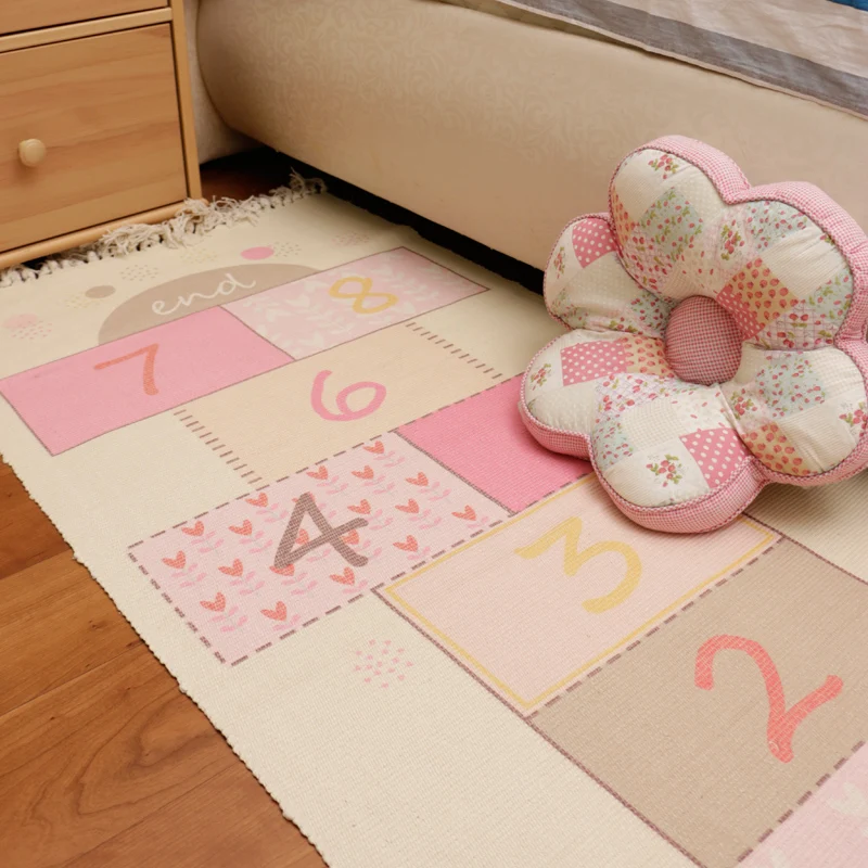 cheap Kids Room Bedroom Carpet Bedside Rug Rectangular Ottomans Cotton Woven Baby Game Crawling Floor Mat Machine Wash