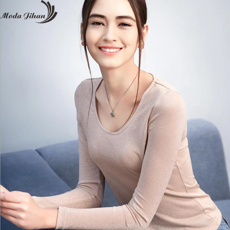 مودا jihan أسلوب بسيط المرأة القميص طويل الأكمام قمم لينة بولي براق المواد لمط س الرقبة الأساسية شيرت