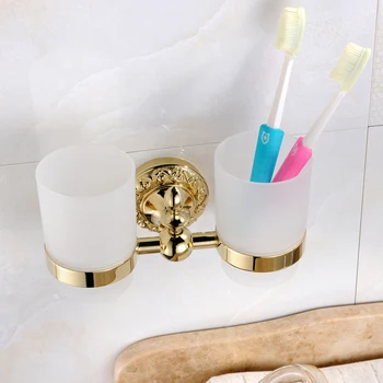 

Classical European Antique Brass Cup & Tumbler Holders Carved Gold Double Cup Couples Wash Bathroom Products Toothbrush Holder