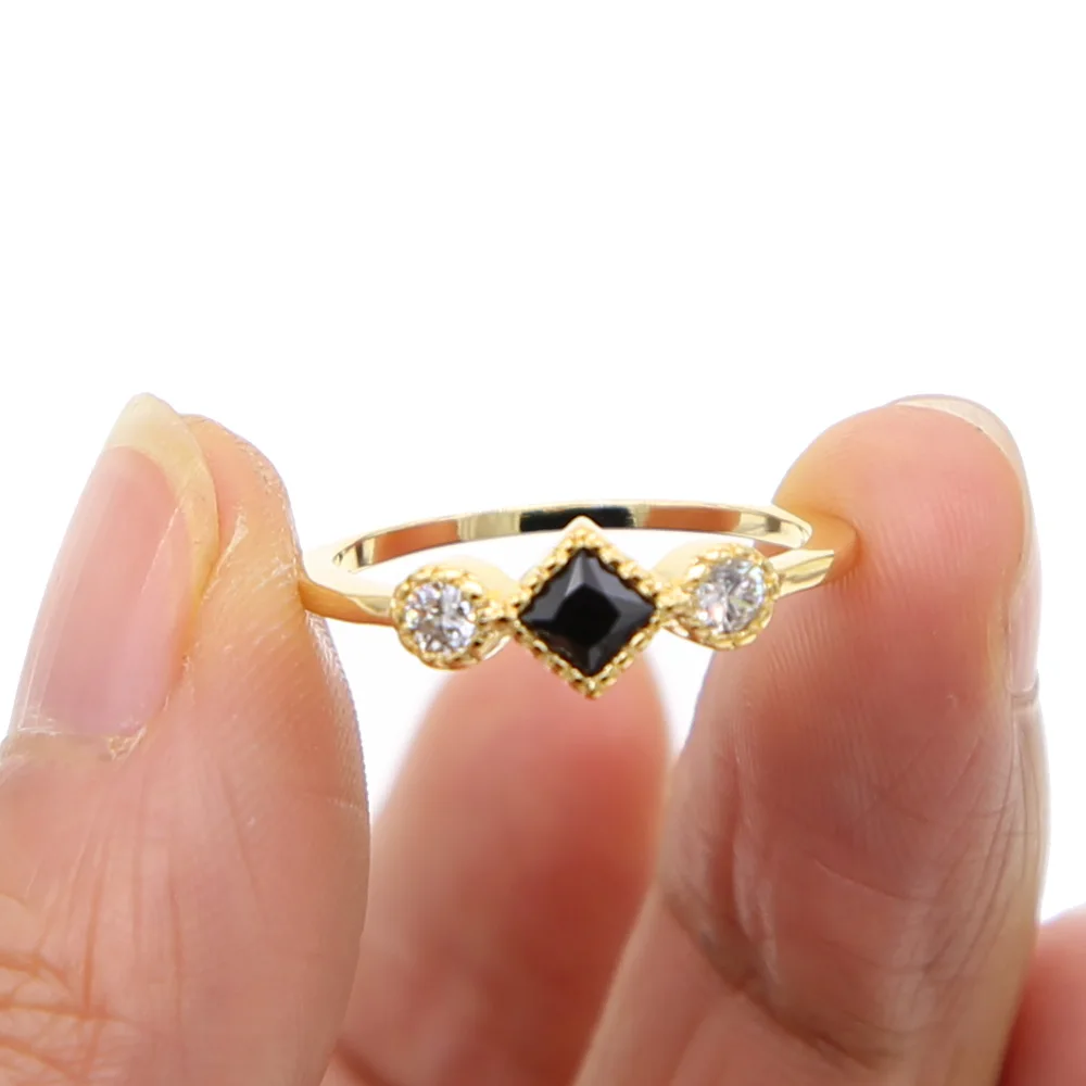

factory promotion wholesale jewelry gold color clear black cubic zirconia round square simple thin minimalist 3 stone ring