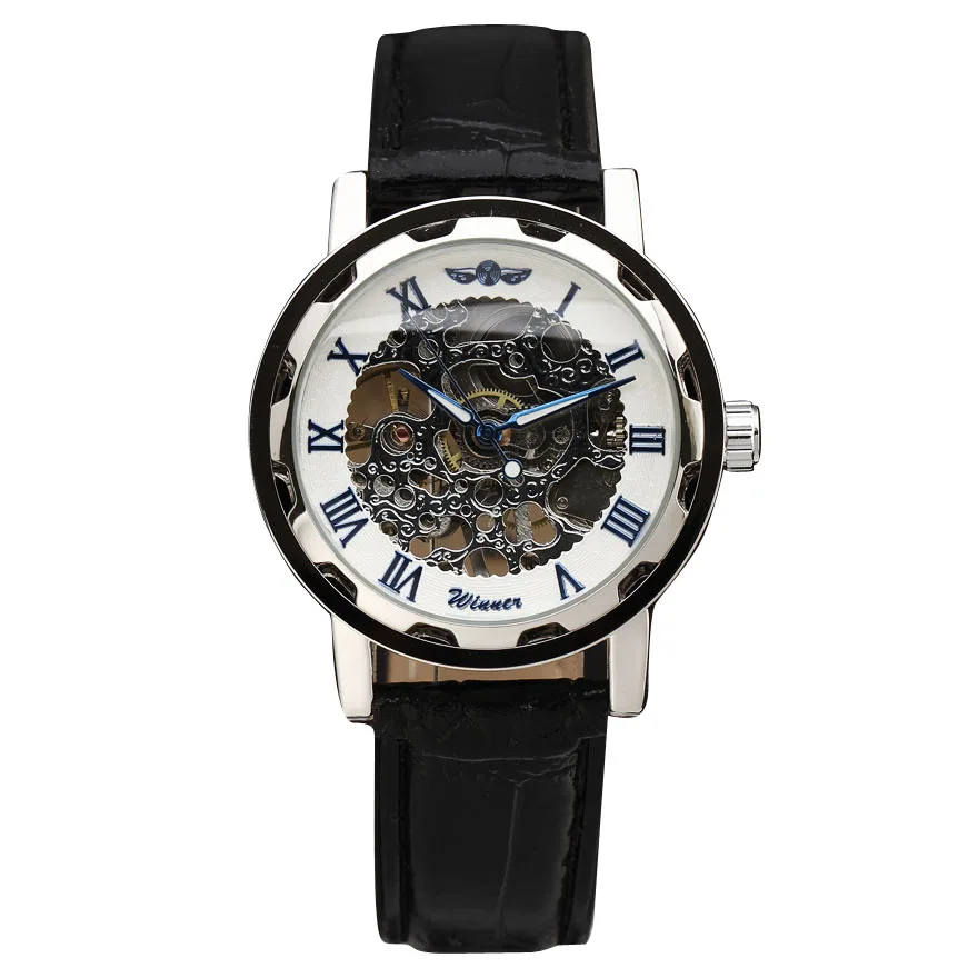 

WINNER New Fashion Watches Men Luxury Brand Gear Bezel Skeleton Bare Movement Dial Hand-Wind Mechanical Leather Strap Clock Gift