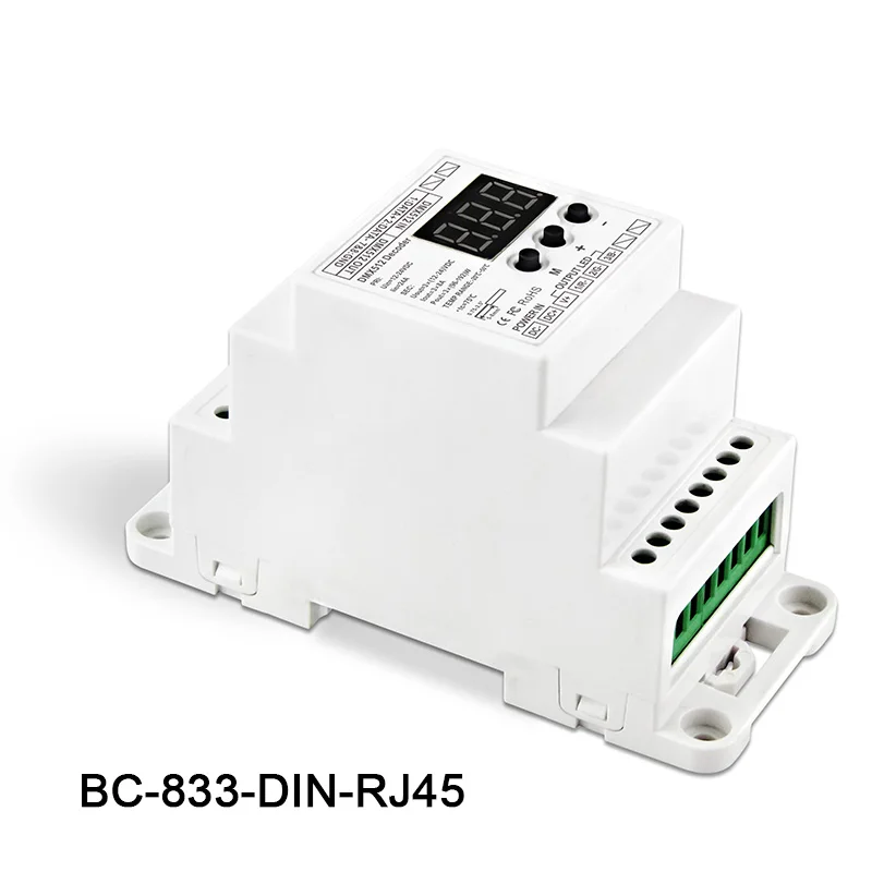 

BC-833-DIN-RJ45 DC12-24V input 8A*3CH output,DIN Rail 3CH Constant voltage DMX512/1990 Decoder controller for led strip,lamp