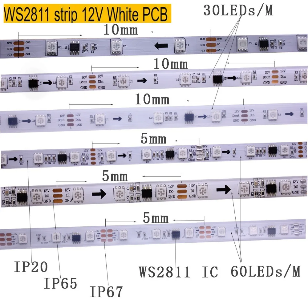 1/2/3/4/5 м DC5V 12 В WS2812B WS2811 RGB Светодиодная лента 30/60/144 светодиодов/м индивидуально